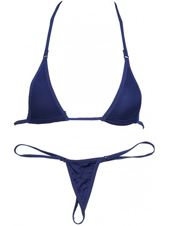 Sets Women's Sexy Halterneck Tops Micro Thong Swimwear 2 Pieces Cutout Brazilian Bikini Set Swimsuit - Navy Blue - CG18H6NSO2...