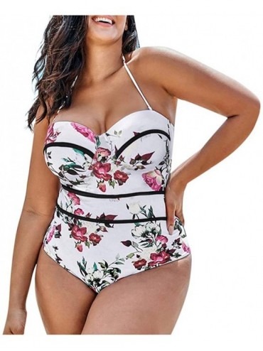 One-Pieces Tummy Control Swimwear Halter One Piece Floral Swimsuit Padded Bathing Suits for Women Slimming Monokini - White -...