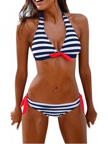 Sets Stripe Back Braided Straps Reversible Tank Top Strappy Lace Up Bikini Sets - Navy - CS195LOI2UN $27.74