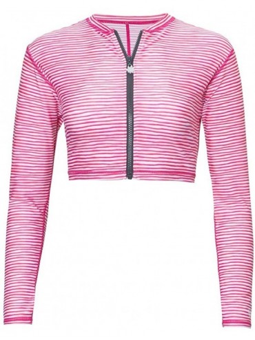Cover-Ups Women's Active Swim Shrug with Full Zippered Front - UPF 50+ Protection - Hot Pink Wavy Stripe - CM18RZDX0RU $76.48