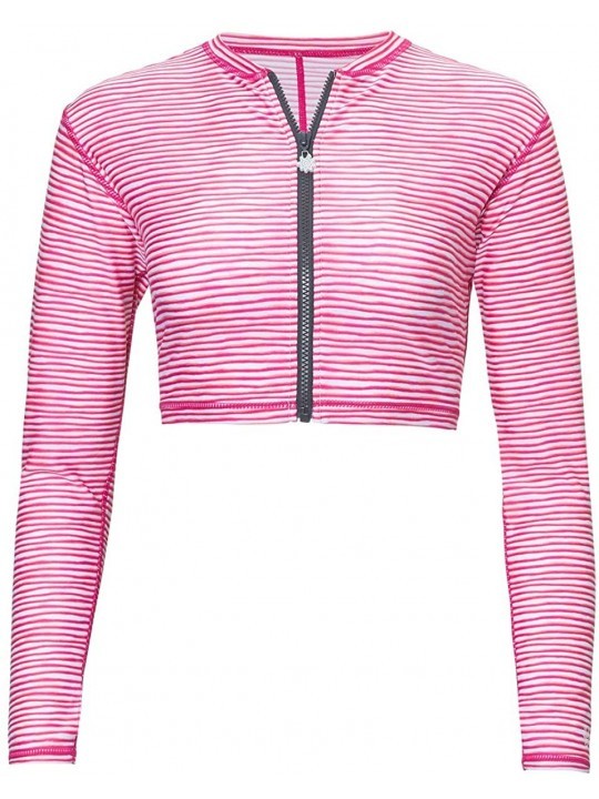 Cover-Ups Women's Active Swim Shrug with Full Zippered Front - UPF 50+ Protection - Hot Pink Wavy Stripe - CM18RZDX0RU $32.48