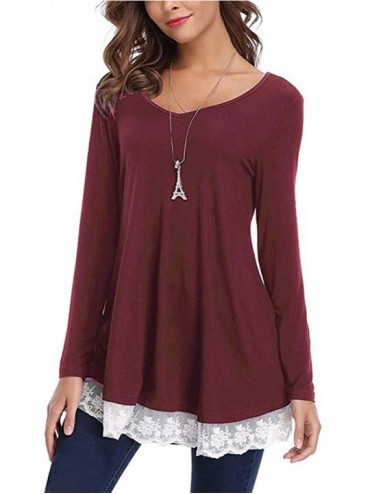 Bottoms Blouses for Womens- Women Casual Long Sleeve Loose Lace Hem Tops Tunic Blouses - Wine - C318NLIXXXE $31.13