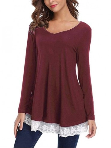 Bottoms Blouses for Womens- Women Casual Long Sleeve Loose Lace Hem Tops Tunic Blouses - Wine - C318NLIXXXE $12.45