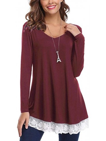 Bottoms Blouses for Womens- Women Casual Long Sleeve Loose Lace Hem Tops Tunic Blouses - Wine - C318NLIXXXE $12.45