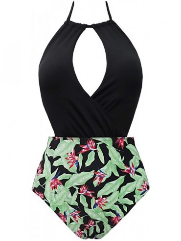 One-Pieces Women's Neckline High Waisted Swimsuit One Piece Monokini Swimwear(FBA) - Green Leaf - CC18I6EGSOW $33.57