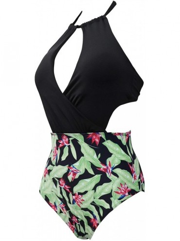 One-Pieces Women's Neckline High Waisted Swimsuit One Piece Monokini Swimwear(FBA) - Green Leaf - CC18I6EGSOW $12.28