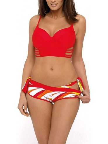 Bottoms Three Piece Swimsuits for Women Fashion 2020 Summer High Waisted Push Up Bra + Thong + Boyshort Bathing Suits Red - C...