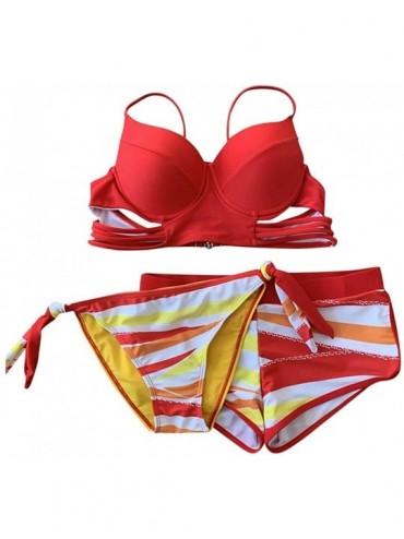 Bottoms Three Piece Swimsuits for Women Fashion 2020 Summer High Waisted Push Up Bra + Thong + Boyshort Bathing Suits Red - C...