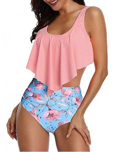 Sets Floral Printed Swimwear Set Women Two Piece Plus Size Sexy Backless Halter Swimsuit - Pink - CR196HC0DL8 $28.40