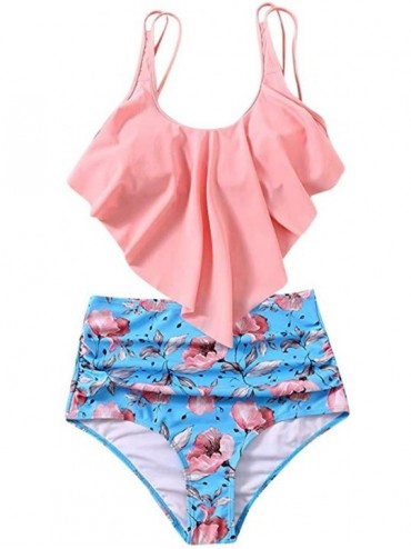 Sets Floral Printed Swimwear Set Women Two Piece Plus Size Sexy Backless Halter Swimsuit - Pink - CR196HC0DL8 $15.86