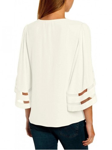 Cover-Ups Women's Casual 3/4 Bell Sleeve Blouse V Neck Mesh Panel Loose Top Shirt - Z_beige - C318SMN55YO $20.11
