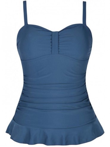 Tops Women's 50's Retro Ruched Tankini Swimsuit Top with Ruffle Hem - Aquamarine Blue - CA18S4RHYLQ $20.60