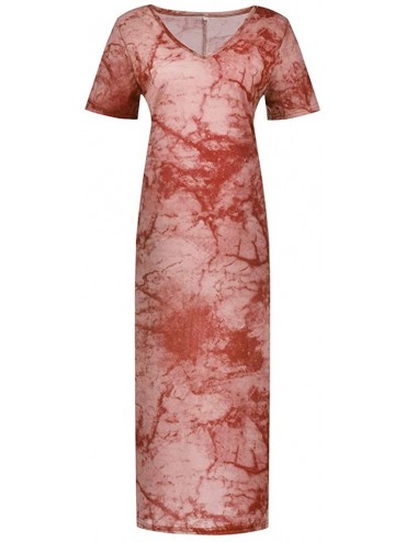 Sets Fashion Women Casual Tie-dye Print V-Neck Short Sleeves Hem Split Long Dress - Orange - CO199OAALQM $25.32