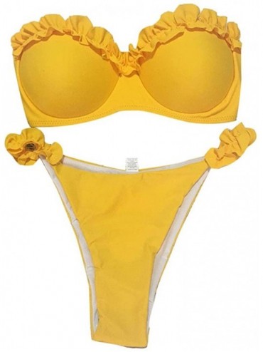 Tankinis Women Two Piece Bikini Sets Ruffles Bandeau Swimsuits Swimwear Padded Puah up Bra Bathing Suits Sexy Beachwear Yello...