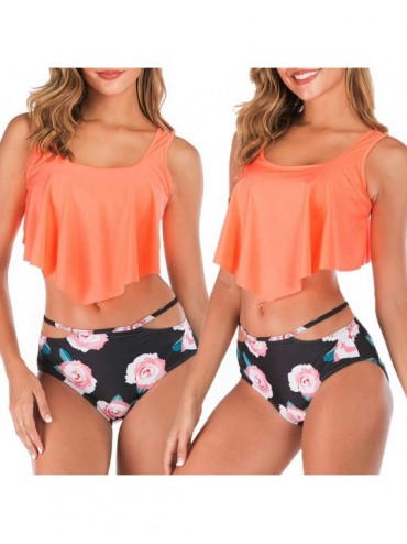 Sets Women Two Piece Plus Size Sexy Backless Halter Beach Printed Swimwear Set - Orange - CS196K3G2OK $19.89