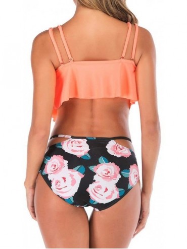 Sets Women Two Piece Plus Size Sexy Backless Halter Beach Printed Swimwear Set - Orange - CS196K3G2OK $19.89