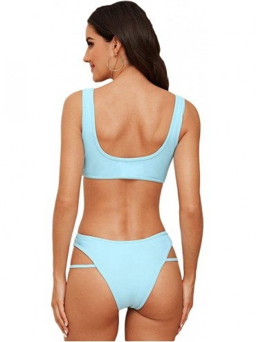 Sets Women's Swimwear Set Solid Scoop Neck High Waisted Bikini Swimsuits - Blue-1 - CE196LYECI0 $14.12