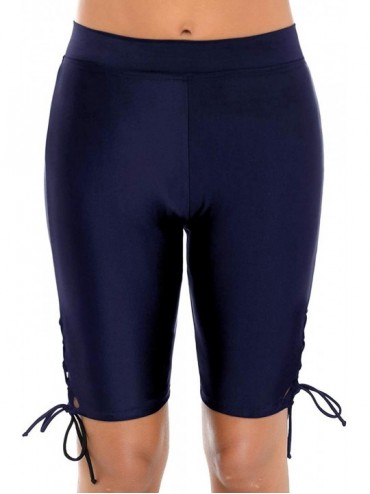 Tankinis Women Long Board Shorts High Waist Swimsuit Leggings Lace Up Capris Swim Pants Sun Protective - Navy Blue - CJ18W8WT...