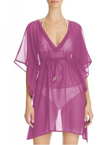 Cover-Ups Women's Sheer Kimono Cover Ups Chiffon Long Beach Wear Dress - Rose Red - C418DHL9WOX $20.69