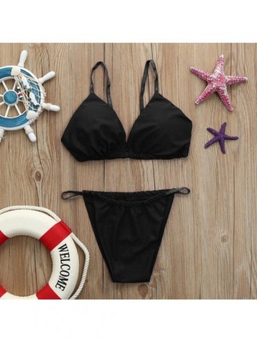 One-Pieces Two Piece Swimsuit Set- Womens Swimwear Bikini One Piece Push-Up Padded Bathing Backless Solid Beachwear - Black2 ...
