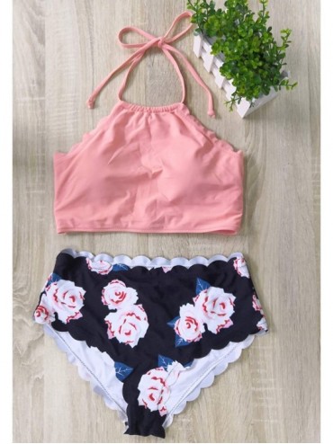 Sets Women High Neck Halter Bikinis Scalloped Two Pieces Bathing Suits - Pink - CC18TM3X5DA $18.57