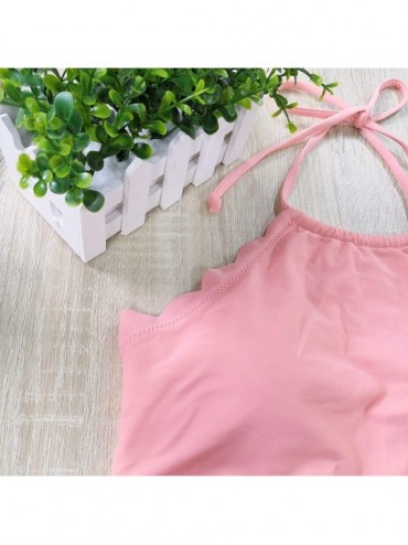 Sets Women High Neck Halter Bikinis Scalloped Two Pieces Bathing Suits - Pink - CC18TM3X5DA $18.57