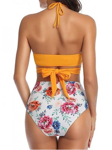Sets Women's Halter Neck High Cut Bandage Bikini Set Push Up Two Pieces Floral High Waist Swimsuit - Yellow - CA196IHCEKE $16.41