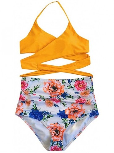 Sets Women's Halter Neck High Cut Bandage Bikini Set Push Up Two Pieces Floral High Waist Swimsuit - Yellow - CA196IHCEKE $16.41