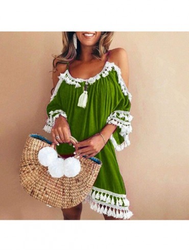 Cover-Ups Womens Off Shoulder Dresses Fashion Tassel Short Skirts Casual Cocktail Beach Cover Ups Boho Sundress - Green - C11...