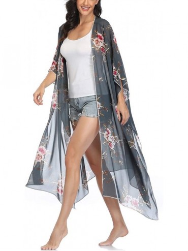 Cover-Ups Womens Floral Kimono Cardigans Flowy Chiffon Long Beach Swimsuit Cover Ups - Gray Floral - CY199A9M4YC $16.63