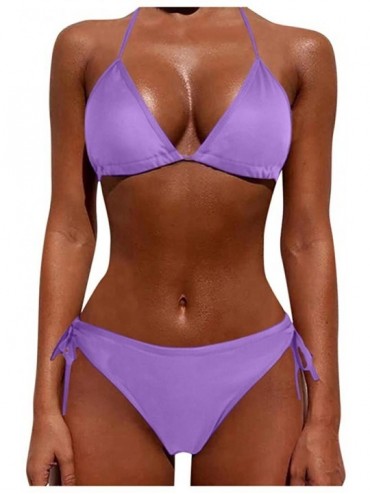 Sets Womens Two-Piece Plus Size Halter Neck High Waist Beachwear Swimsuit Bikini Tankini Sets Swimwear - Purple - CT196IXQ28I...