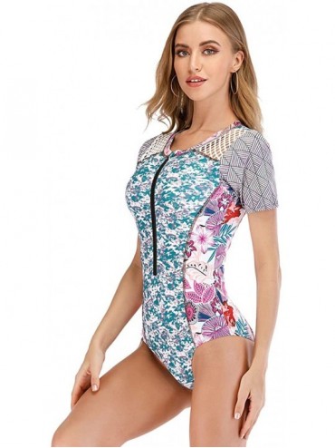 One-Pieces Womens Rashguard Swimsuit Zip Front Print Short Sleeve One Piece Swimwear - 6 Pink - CX190EQTDCX $23.08