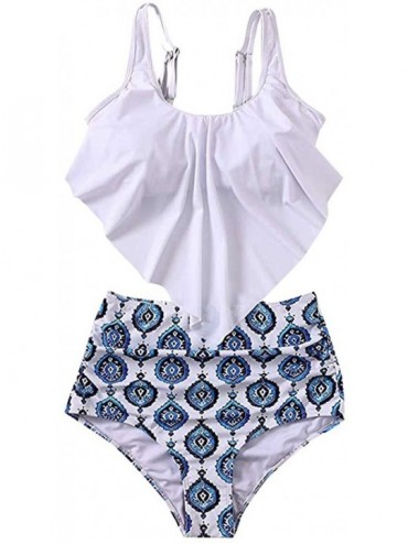 Sets Swimsuits for Women Two Pieces Bathing Suits Top Ruffled Racerback High Waisted Bottom Tankini Set Swimwear Blue03 - C41...