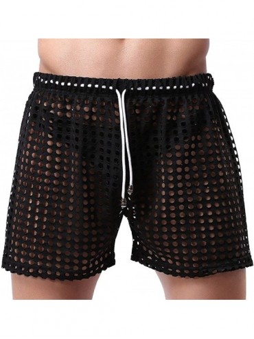 Briefs Men's Mesh Boxer Briefs Hollow Openwork Drawstring Lounge Underwear Trunk Shorts - Black - C5126YLXU1L $29.99