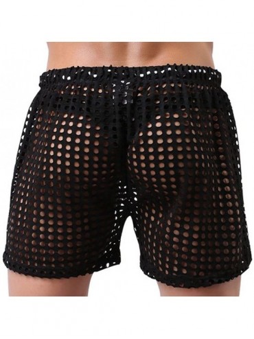 Briefs Men's Mesh Boxer Briefs Hollow Openwork Drawstring Lounge Underwear Trunk Shorts - Black - C5126YLXU1L $16.57
