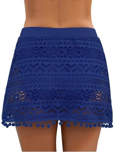 Tankinis Women's Lace Crochet Swim Skirt Tankini Bikini Swimsuit Bottom with Panty - Navy Blue - CK192SC99IW $20.76