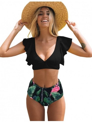 Sets Women Ruffle High Waist Swimsuit Two Pieces Push Up Tropical Print Bikini - Leaves/Black - C618SEKMAWC $48.81