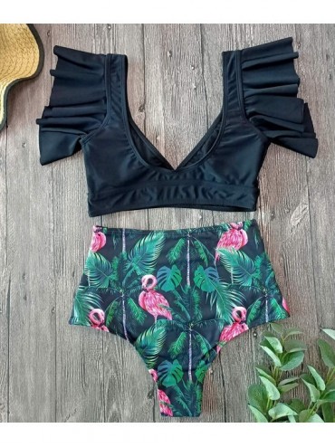 Sets Women Ruffle High Waist Swimsuit Two Pieces Push Up Tropical Print Bikini - Leaves/Black - C618SEKMAWC $19.52