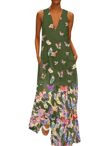 Cover-Ups Maxi Dress For Women丨deep Boho Print Dress丨womens Loose Party Dress - Army Green - C818T5I76EI $40.08