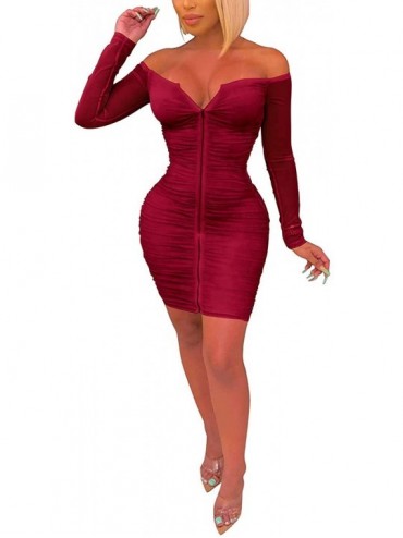 Cover-Ups Women Sexy Lace Dress Mesh Sheer Off Shoulder Long Sleeve Bodycon Midi Party Club Dress - Wine Red 3 - C31938WDZ4Y ...