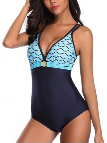 Racing Backless Ladies One-Piece Bikini Set Striped Paneled Swimsuit Beach Wear - Blue - C7193W2GA0T $27.28