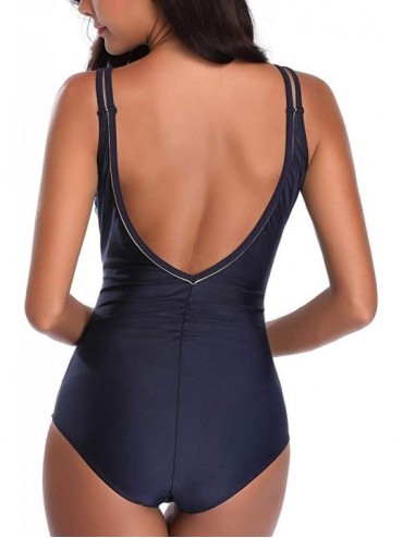 Racing Backless Ladies One-Piece Bikini Set Striped Paneled Swimsuit Beach Wear - Blue - C7193W2GA0T $11.58