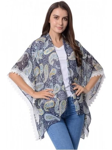 Cover-Ups Neck Head Scarf Cashew Flower Pattern 100% Polyester Kimono Swimsuit Beach Cover Ups with Lace (Yellow Navy) Blue -...