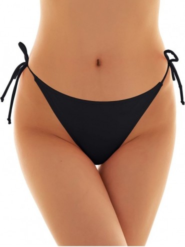 Tops Womens Brazilian Low Rise Tie-Side Ruched Back Thong Bikini Bottom Swim Brief - Manhattan Black-d - CP17YY2ROS5 $31.86
