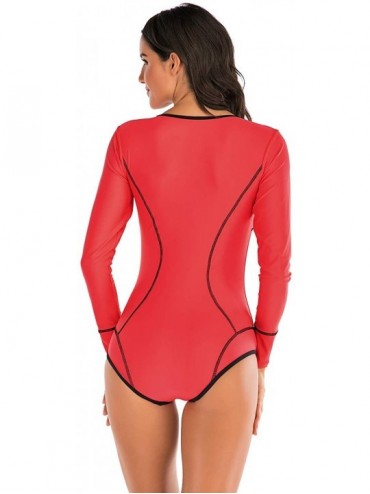 Rash Guards Women's One Piece Rash Guard Swimsuit Long Sleeve Sun Protection Printed Swimwear Bathing Suit - Dark Pink - C419...