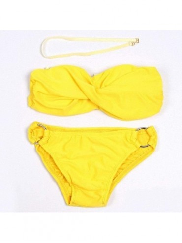 Sets Womens Bikini Metal Ring Design Push Up Bandeau Strapless Padded Swimsuit - Yellow - CZ18QDLOAHE $20.40