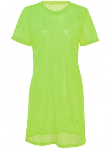 Cover-Ups Women Beach Cover Ups See Through Sheer Mesh T-Shirt Dress - Fluorescent Green - CJ18UT27GAR $12.94