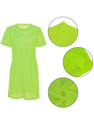 Cover-Ups Women Beach Cover Ups See Through Sheer Mesh T-Shirt Dress - Fluorescent Green - CJ18UT27GAR $12.94
