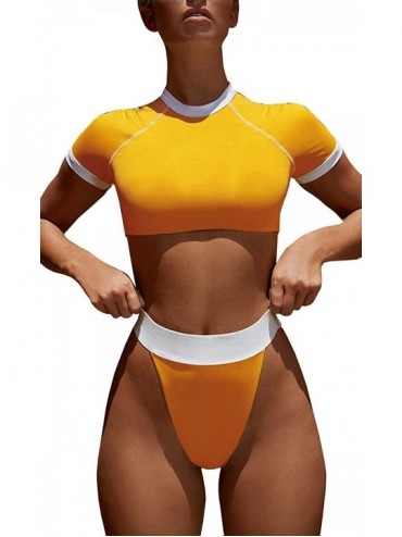 Sets Short Sleeve Crop Top Sporty Rash Guard Two Piece Bathing Suits High Cut Thong Bikini Set - Yellow - CD18T74IIQQ $43.56