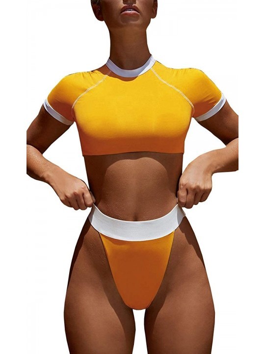 Sets Short Sleeve Crop Top Sporty Rash Guard Two Piece Bathing Suits High Cut Thong Bikini Set - Yellow - CD18T74IIQQ $17.31